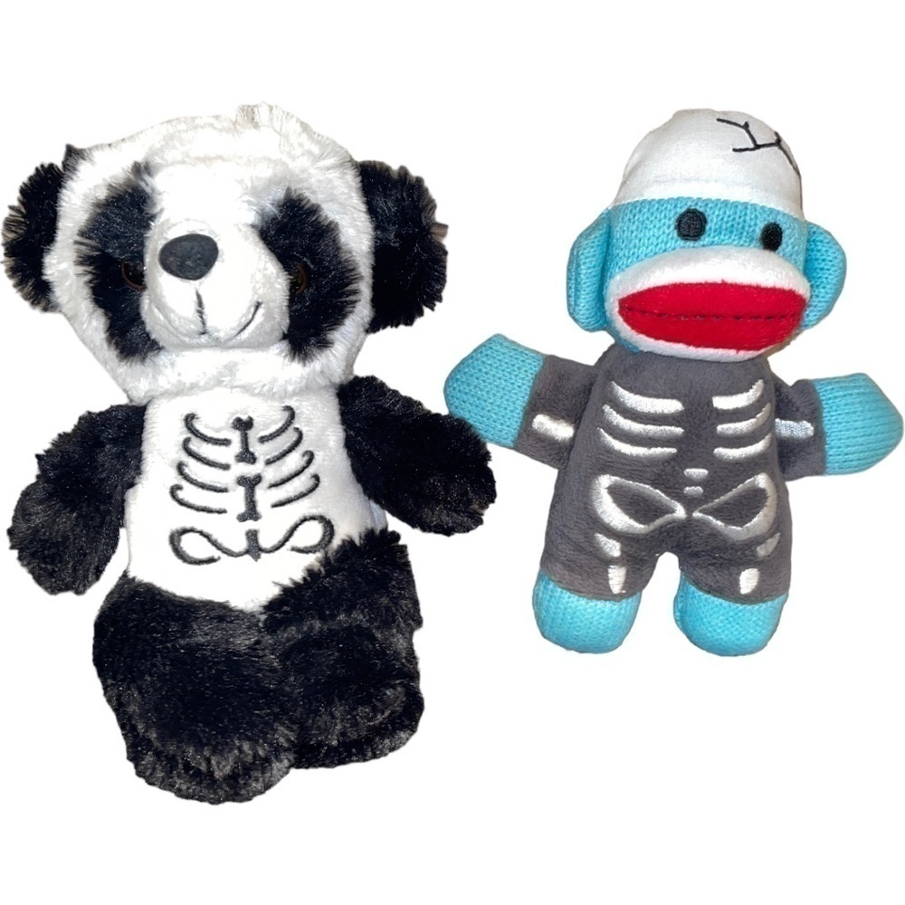 BUNDLE Two Halloween Stuffed Animals Plush X Ray Skeleton Sock Monkey Panda Bear